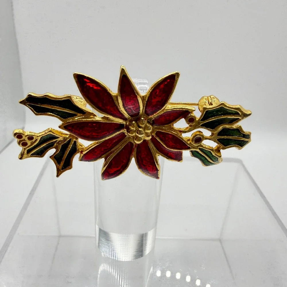 Vintage Christmas Poinsettia Brooch Red Green Enamel Gold Tone Holiday Pin 2.5